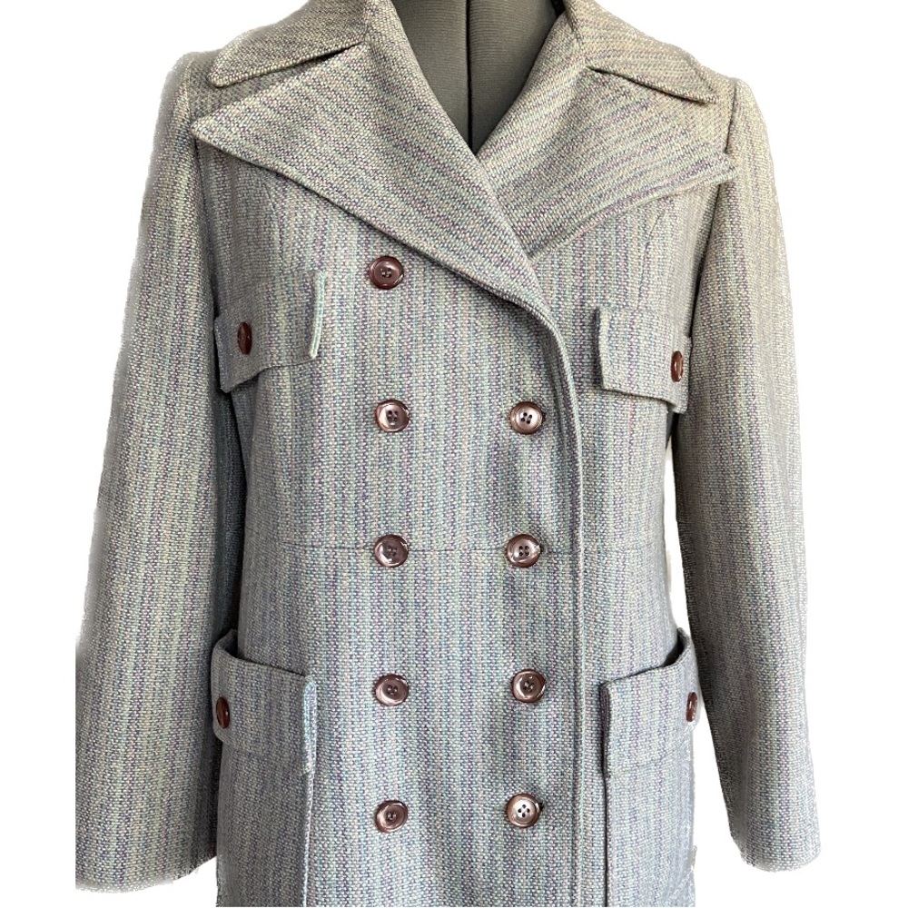 Vintage 70s blue pink purple pastel woven wool double breasted fall coat